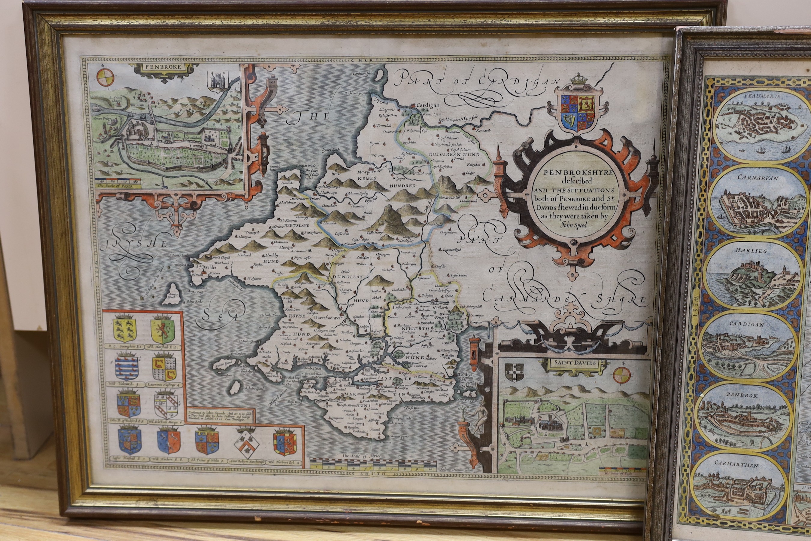 John Speede, two coloured engravings, Maps of Wales and Pembrokshyre, 41 xx 51.5cm and 41.5 x 53.5cm